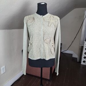 Carlisle 100% Silk Cardigan M Embroidered Sea Life Starfish Seashell Coral
